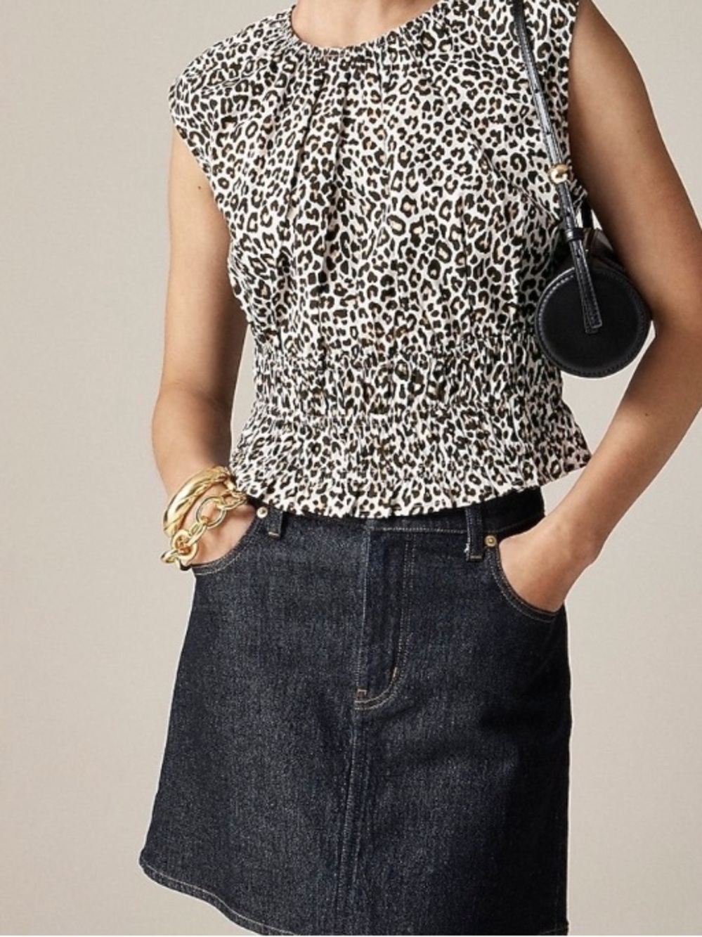 J. Crew Leopard Print Sleeveless Smocked Hem Top - Black & Cream
